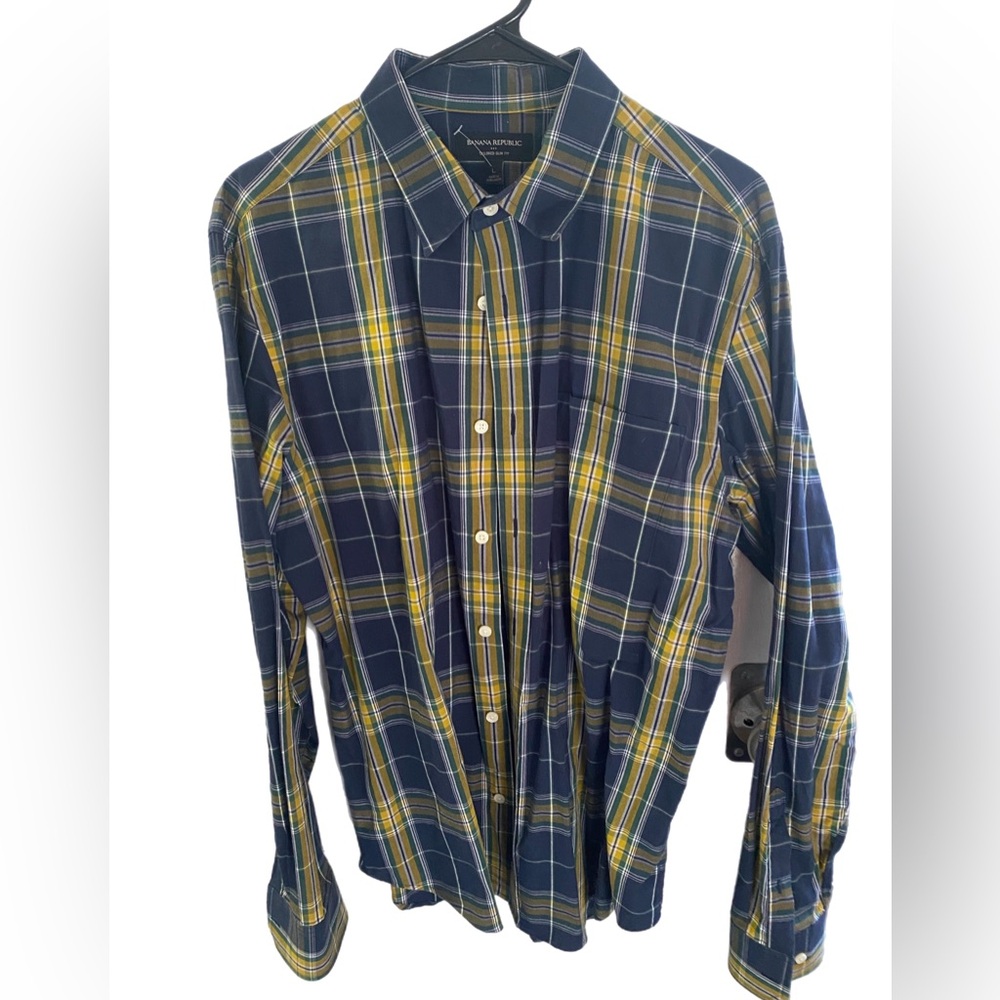 Banana Republic Navy and Yellow Plaid Shirt